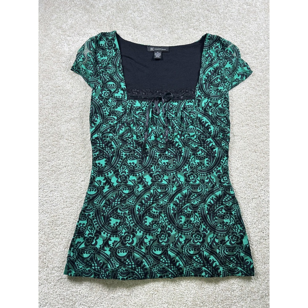 INC Shirt Womens Medium Green Black Paisley Lace Square Neck Y2K 90s Fairy Goth